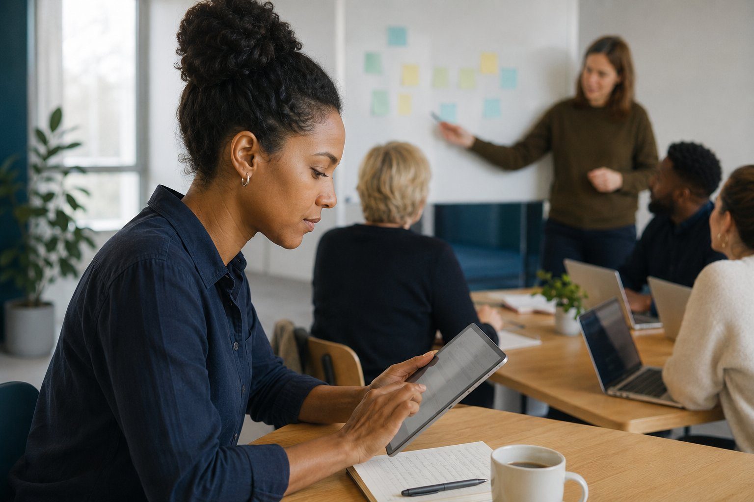 Professionnelle concentrée consultant une tablette pendant une session de formation collective