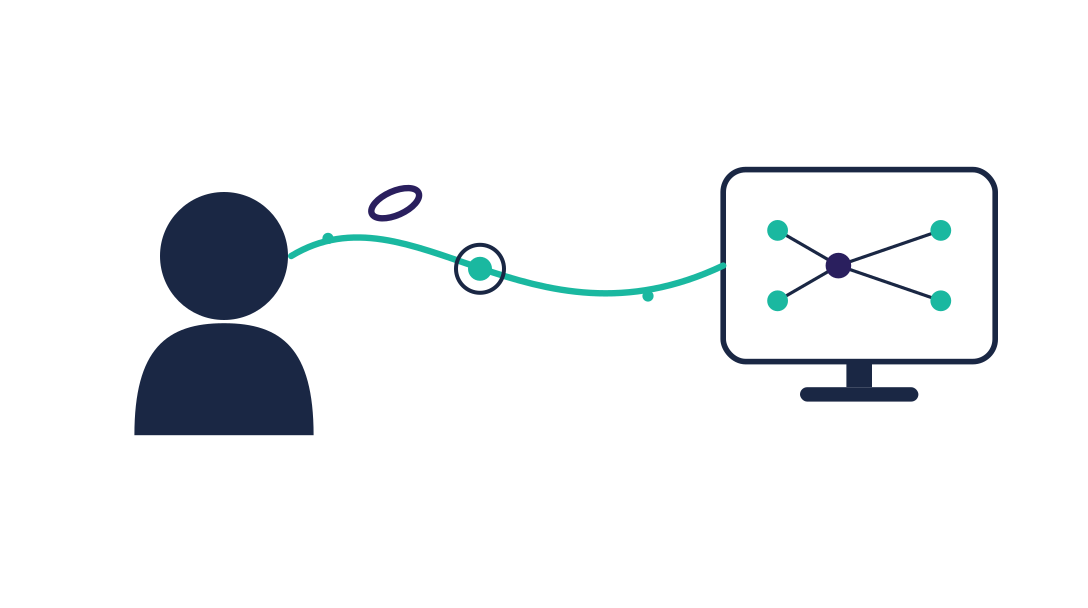 Le Fil de Lernea numéro 4 : une silhouette reliée par un fil à un écran affichant un réseau de nœuds, illustration de la relation entre l’apprenant et l’IA.