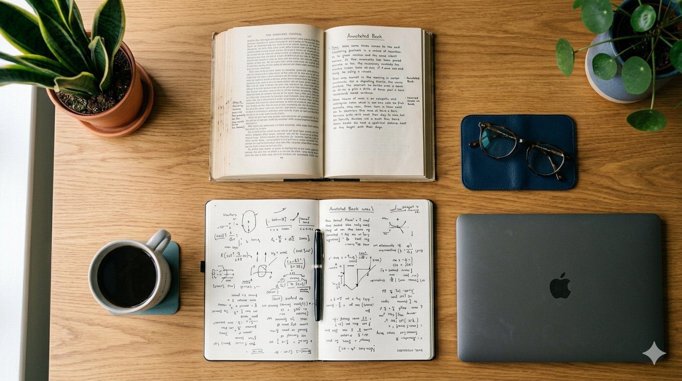 Bureau de travail vu de dessus : un livre ouvert, un carnet de notes manuscrites, un café, des lunettes et un ordinateur portable